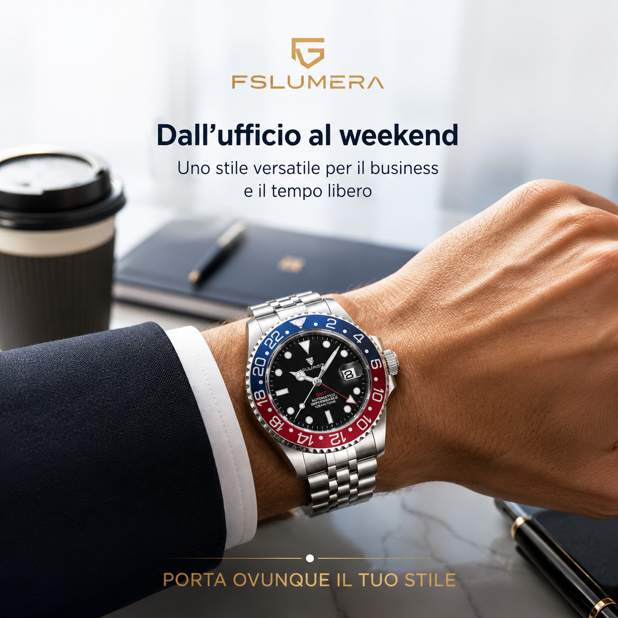 FSLUMERA GMT Uomo 40mm – Orologio Impermeabile 10 BAR in Acciaio Inossidabile : Porta Ovunque il Tuo Stile