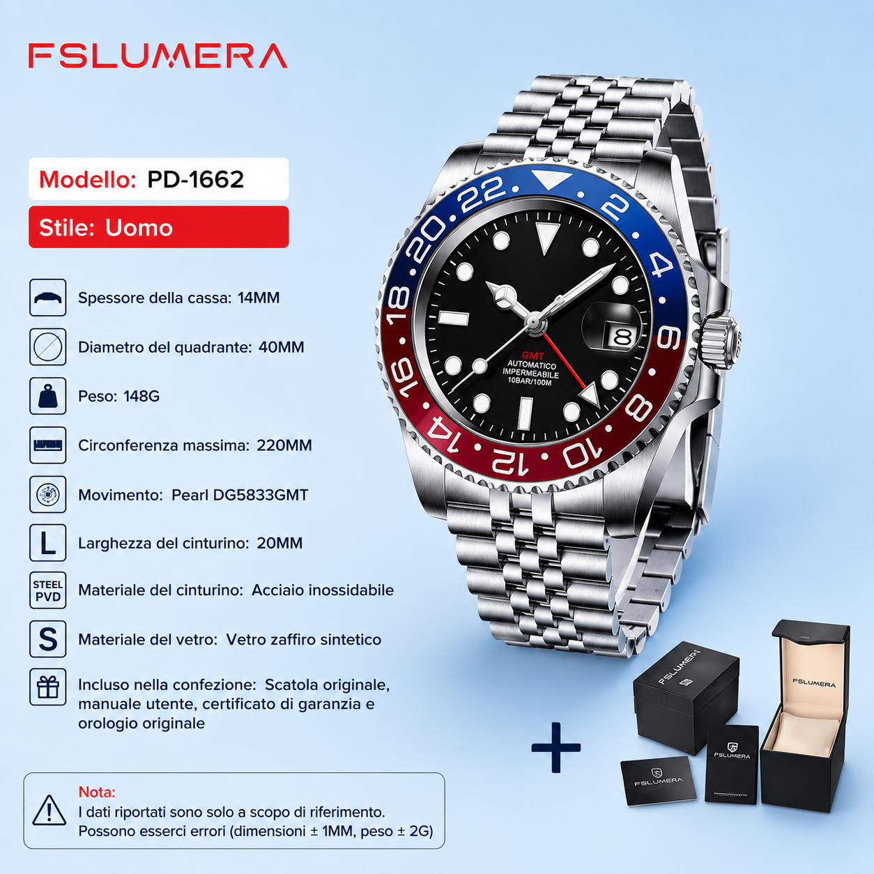 FSLUMERA GMT Uomo 40mm – Orologio Impermeabile 10 BAR in Acciaio Inossidabile : Porta Ovunque il Tuo Stile