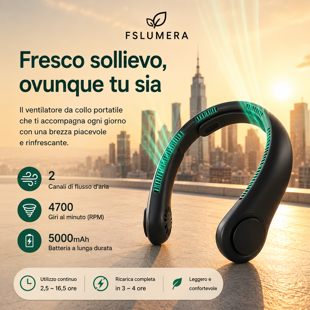 Ventilatore da collo portatile, batteria da 5000 mAh, supporto da collo, regolazione degli ingranaggi a 5 velocità, ventilatore vivavoce indossabile per esterni