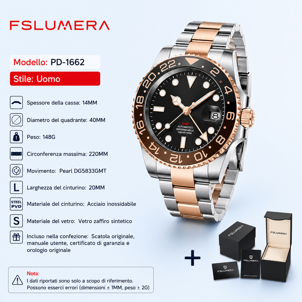 FSLUMERA GMT Uomo 40mm – Orologio Impermeabile 10 BAR in Acciaio Inossidabile : Porta Ovunque il Tuo Stile