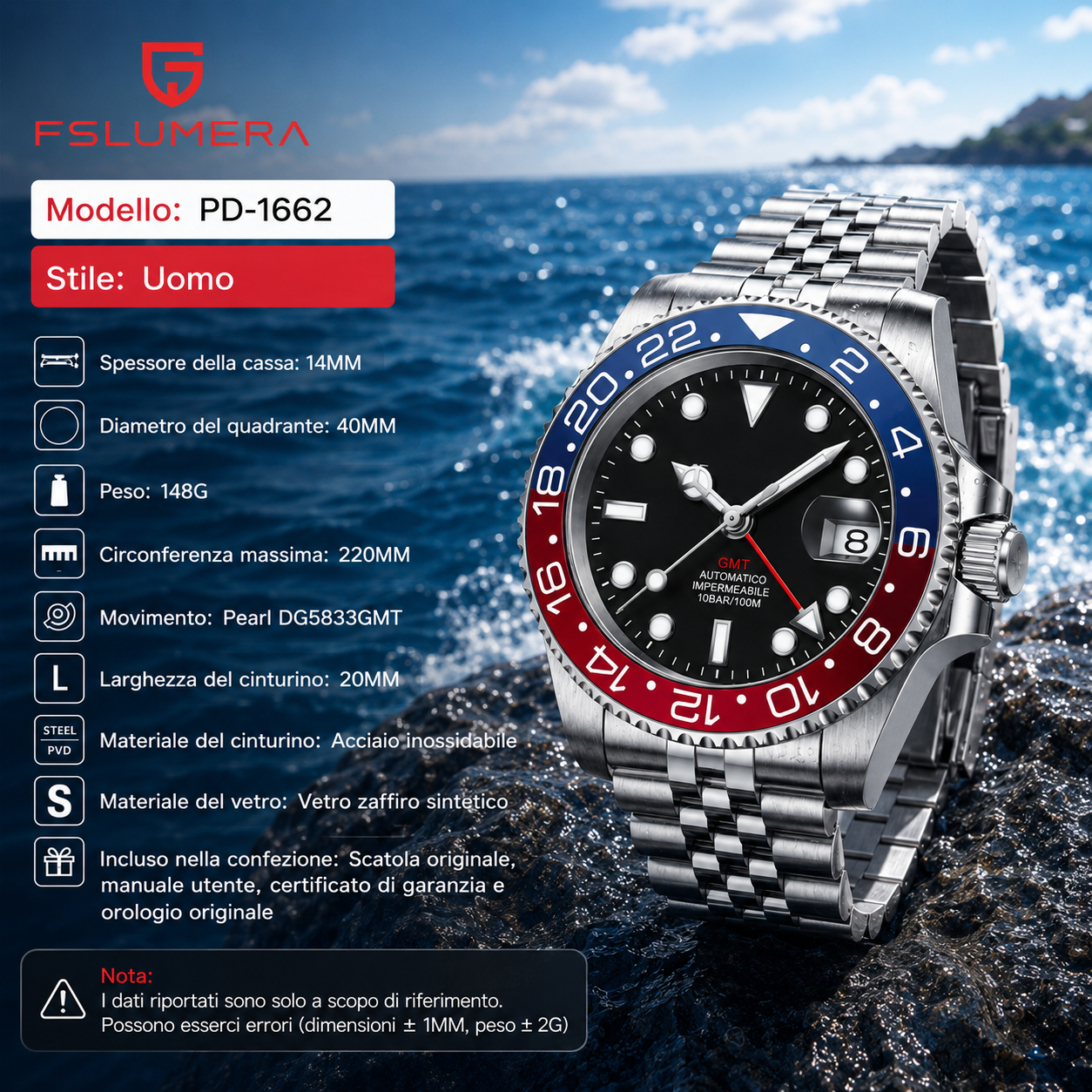 FSLUMERA GMT Uomo 40mm – Orologio Impermeabile 10 BAR in Acciaio Inossidabile : Porta Ovunque il Tuo Stile