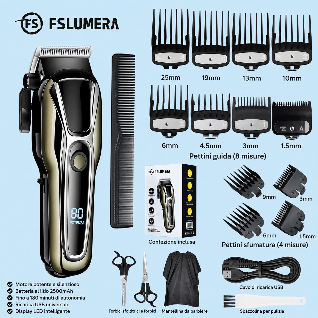 Tagliacapelli Professionale FSLUMERA con 12 Pettini, Display LCD, Batteria 2000mAh e Kit Accessori Completo