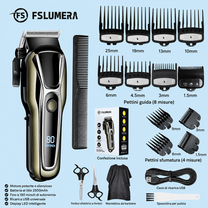 Tagliacapelli Professionale FSLUMERA con 12 Pettini, Display LCD, Batteria 2000mAh e Kit Accessori Completo