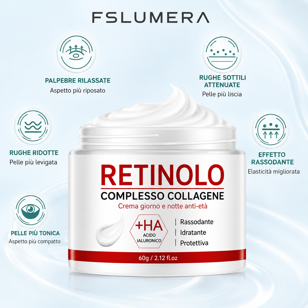 FSLUMERA Crema Viso Retinolo, Collagene e Acido Ialuronico – Anti-Età Rassodante e Idratante 60g