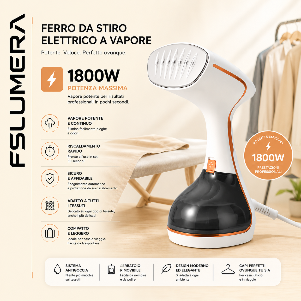 Ferro da Stiro Verticale a Vapore FSLUMERA 1800W