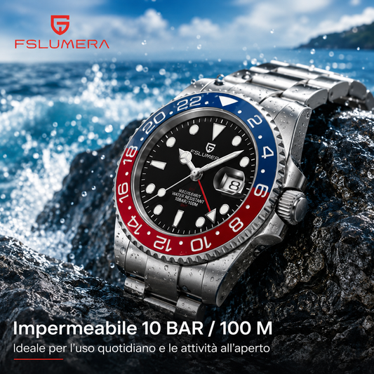 FSLUMERA GMT Uomo 40mm – Orologio Impermeabile 10 BAR in Acciaio Inossidabile : Porta Ovunque il Tuo Stile